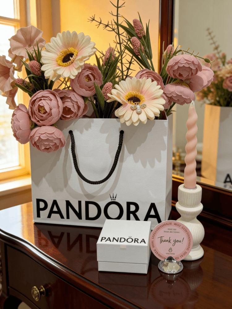 باقة ورد وردية منسقة داخل كيس هدايا Pandora مع شمعة وصندوق هدية